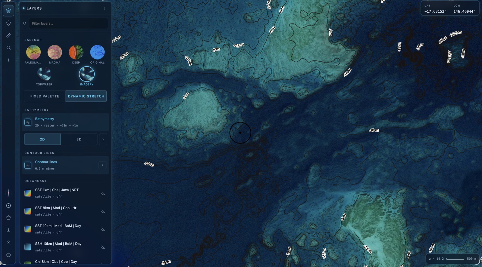 The BathyMaps Layers panel in 2D mode, with the Bathymetry section and 2D/3D toggle highlighted