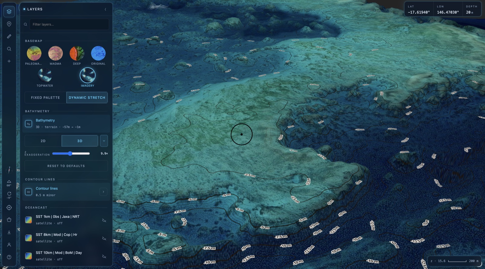 3D view at a higher tilt angle looking down on the reef
