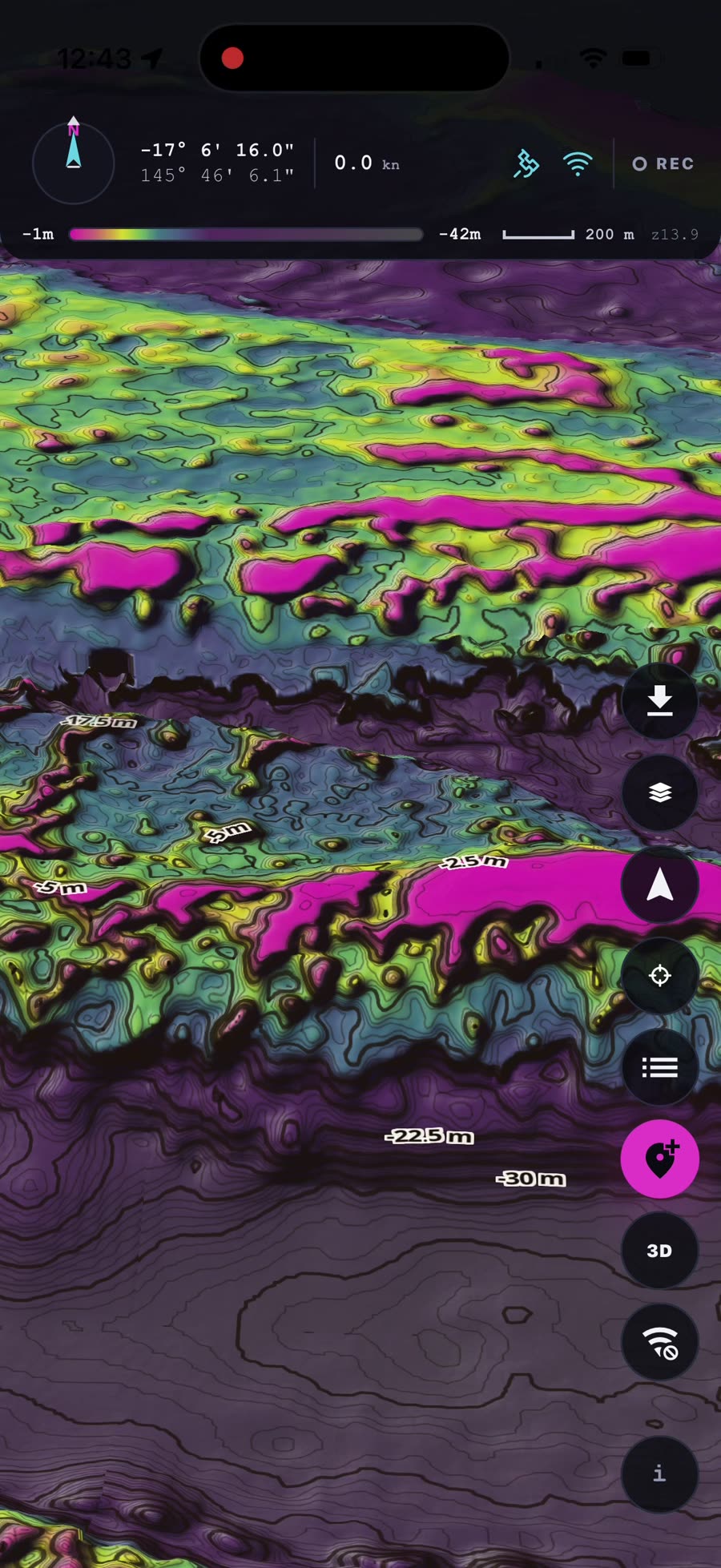 The chart tilted into 3D with terrain rising and depth labels draped across it