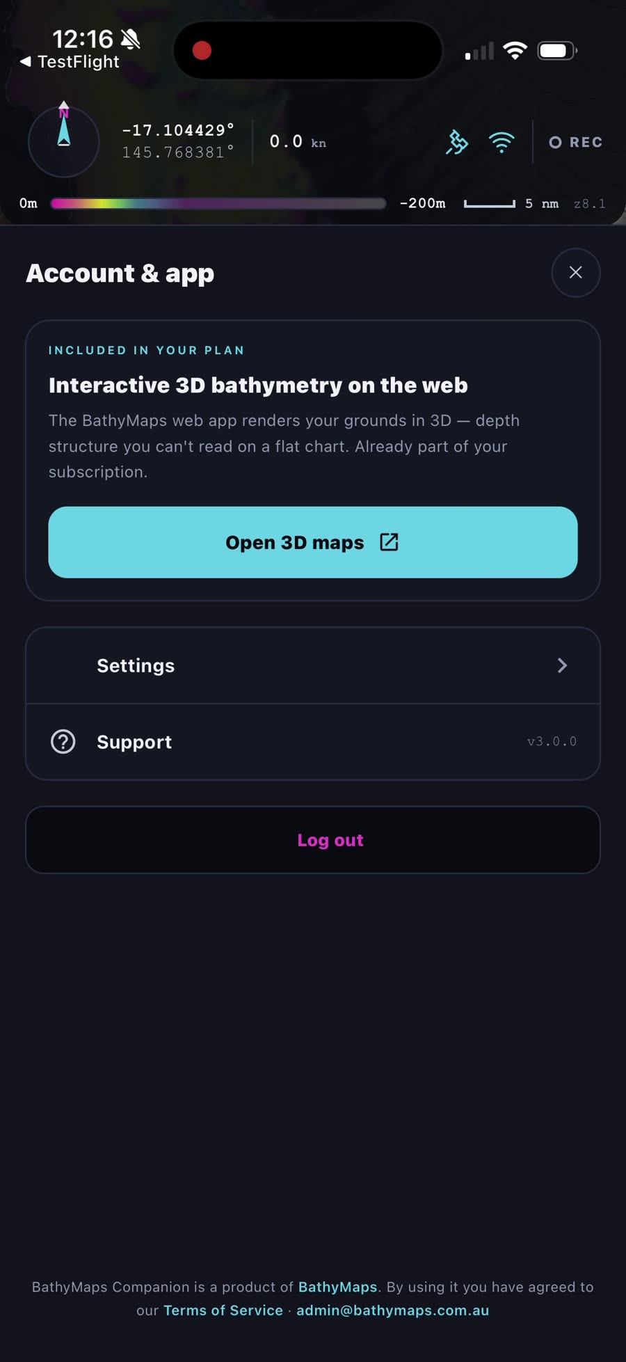 The Account and app menu with Open 3D maps, Settings, Support and Log out