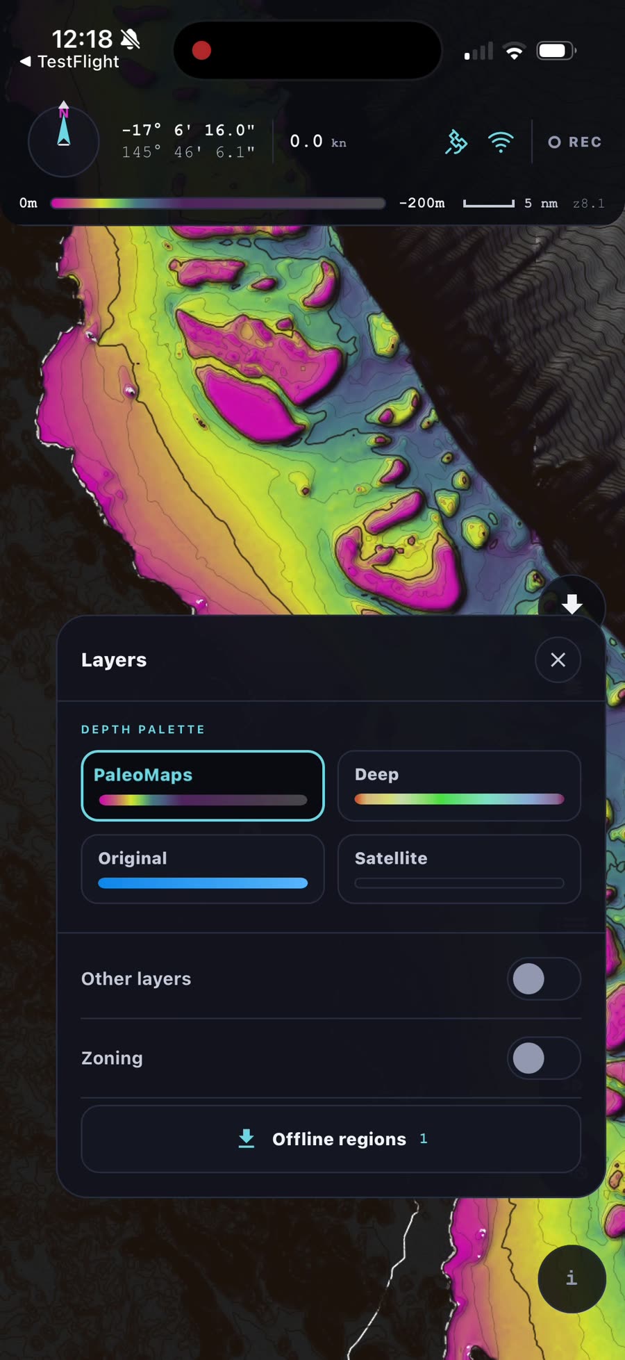 The Layers panel showing the depth palette options and the Offline regions button