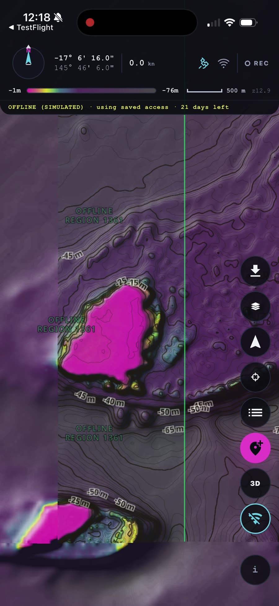 A zoomed-in offline view showing full-detail bathymetry contours with no connection