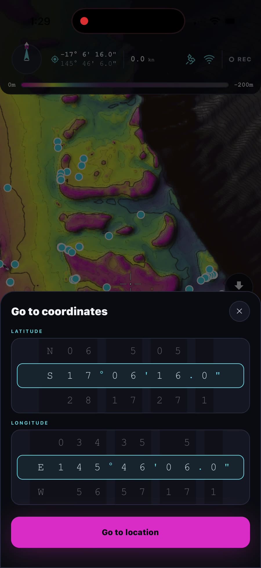 The Go to coordinates panel with latitude and longitude scroll wheels and a Go to location button