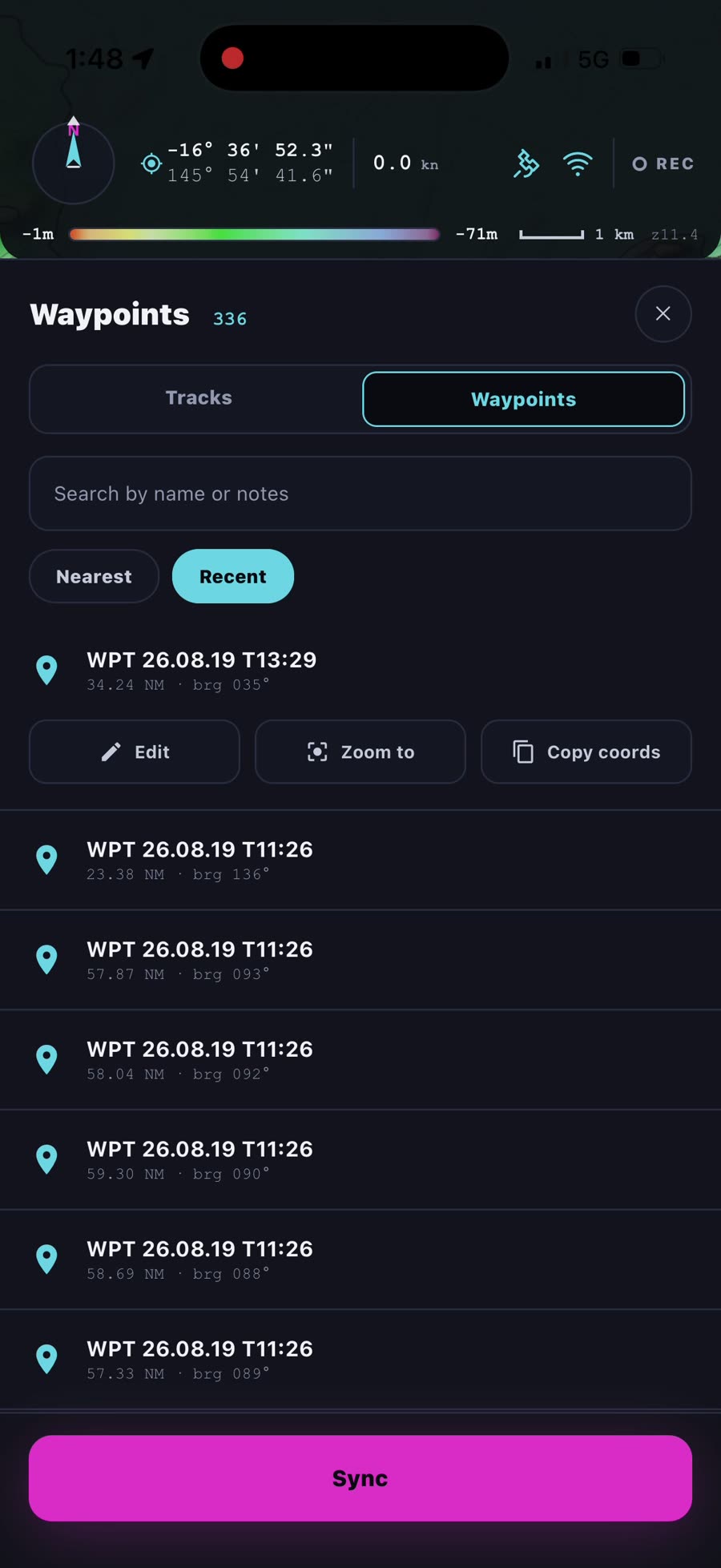A selected waypoint showing the Edit, Zoom to and Copy coords quick actions