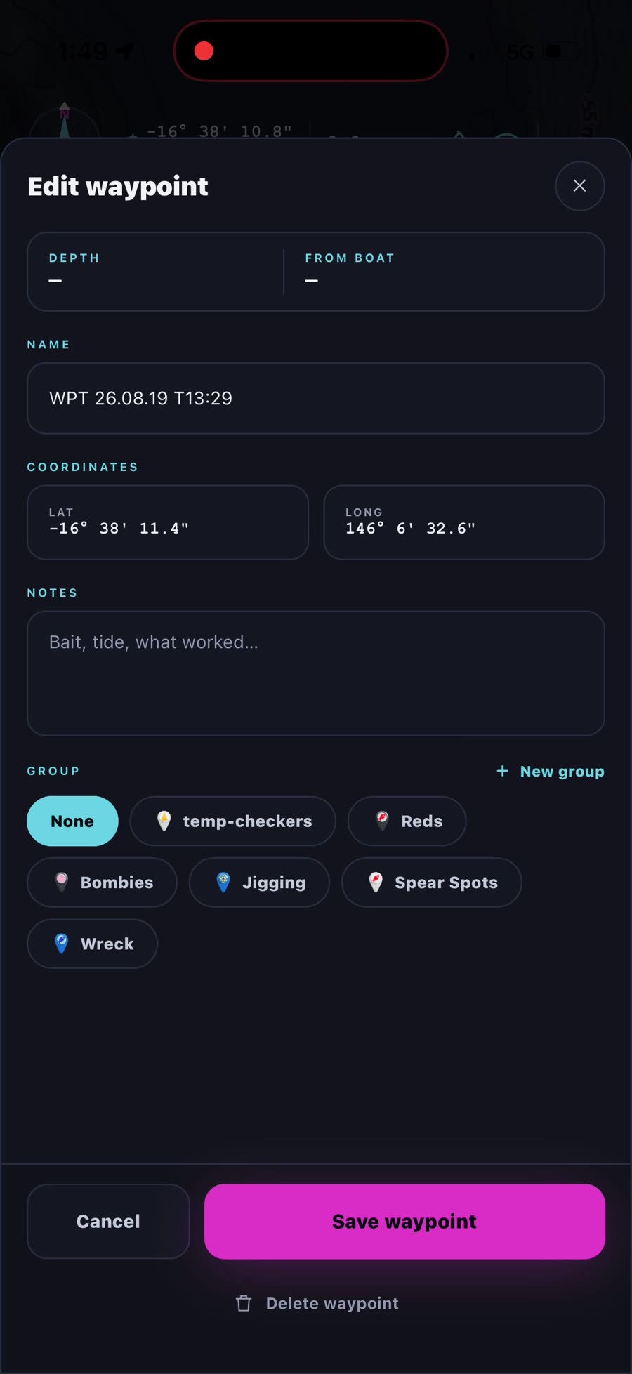 The Edit waypoint card with name, coordinates, notes, groups and Save waypoint button