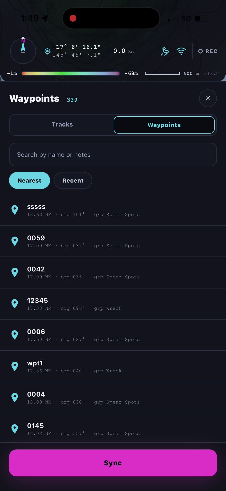 The Waypoints panel sorted by Nearest, each waypoint showing distance, bearing and group, with a Sync button below