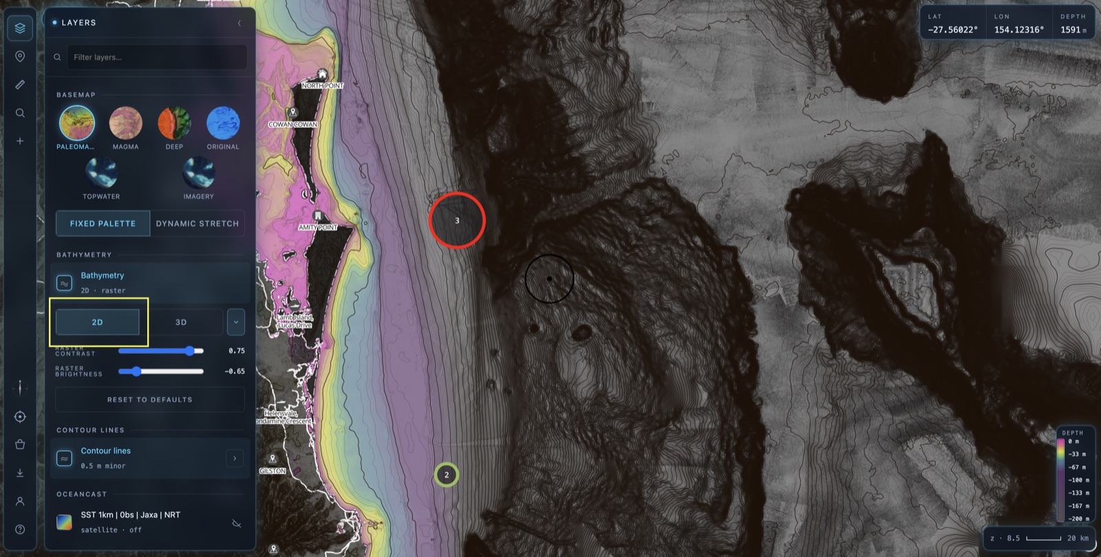 The BathyMaps Layers panel with the Bathymetry card set to 2D