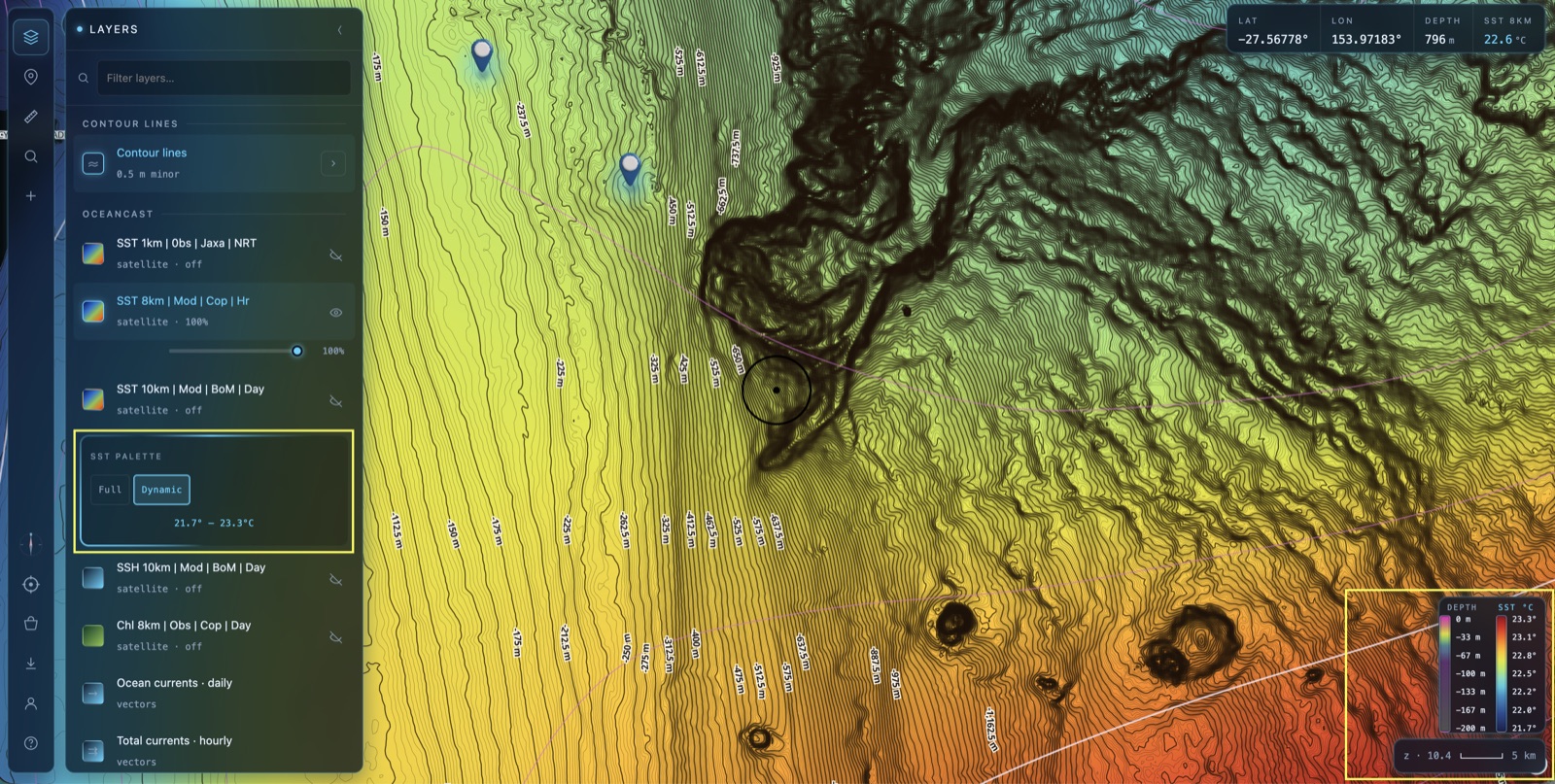 Dynamic SST palette zoomed in to roughly zoom 10, narrow temperature range